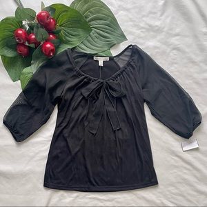 French Laundry Sheer Sleeve Round Neck Black Top w/Bow Detail M (Women’s) NWT